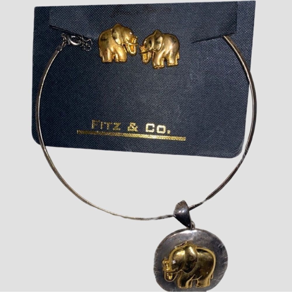 Vintage Fitz & Co. Elephant Jeweled Choker Necklace & Clip-On Earring Set